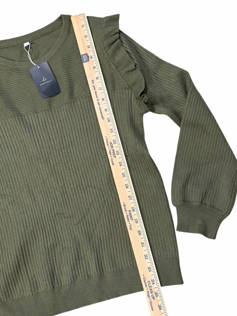 Deepself Olive Green Ruffle Shoulder Ribbed Knit Sweater Large - Picture 8 of 9